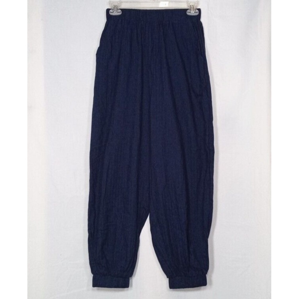 NWT Gracila Pant MED Navy Blue Embroider Stripe Elastic Waist Pocket Bubble